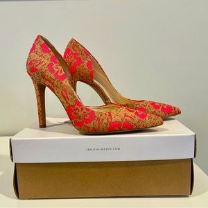 Jessic Simpson laser pink and laser cork floral pumps.